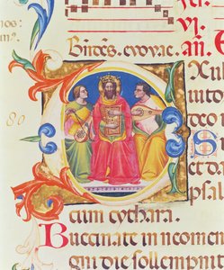 Frk. 559 f.155v Historikert initial O som viser kong David og to engler, fra Psalter of Santa Maria Novella, opplyst av Paolo Soldini (fl.1342-86) 1379 av Italian School
