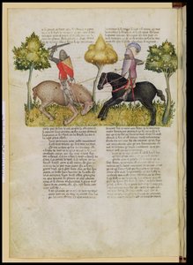 Fr 343 fol.26v Sir Percivals hest blir drept, fra Queste del Saint Graal, ca. 1380-85 av Italian School