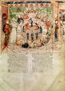 Fr 343 fol.3 Sir Galahad ønskes velkommen til det runde bordet, fra Queste del Saint Graal, ca. 1380-85 av Italian School
