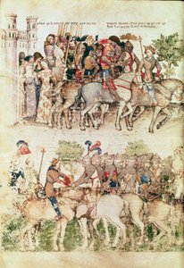 Fr 343 fol.8v Arthur og hans riddere legger ut på søken etter den hellige gral, fra Queste del Saint Graal, ca. 1380-85 av Italian School