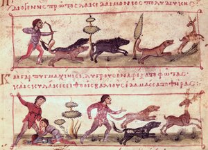Ms Grec 479 Deer Hunting, illustrasjon fra Cynegetica av Oppian (tempera på vellum) av Italian School