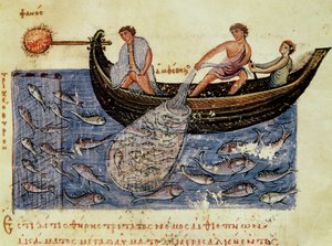 Ms Grec 479 Fiske med nett, illustrasjon fra Halieutica av Oppian (tempera på vellum) av Italian School