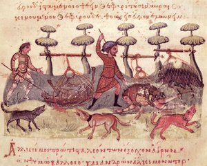 Ms Grec 479 Hunting with Nets, illustrasjon fra Cynegetica av Oppian (tempera på vellum) av Italian School