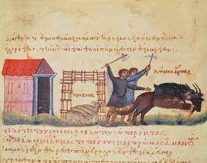 Ms Grec 479 Shepherds Chasing Wolves, illustrasjon fra Cynegetica av Oppian (tempera på vellum) av Italian School