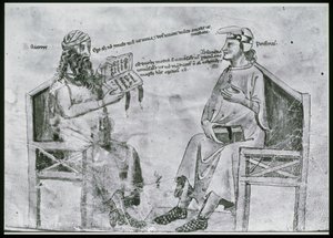 Ms Lat 6823 fol.2 Averroes (1126-98) i samtale med porfyr (c.232-c.305) (penn og blekk og vask på papir) av Italian School