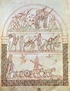 Ms. Plut. 12.17, c. 1b, Den jordiske byen med menneskehetens vanskeligheter og ulykker og en sjels dom, fra The City of God av St. Augustine, 11.-12. av Italian School