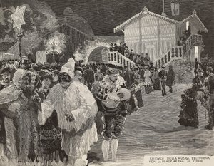 Musikkiosk for å samle inn penger til blinde, Pulcinella-maske, karneval i Napoli, Italia, gravering fra tegning av Matania, gravering av Gamberoni fra L'Illustration Italiana, nr. 8, 24. februar av Italian School