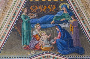 Marys fødsel, mosaikk, gavl til sideinngang, mosaikk, fasade av Orvieto-katedralen, Umbria, Italia av Italian School