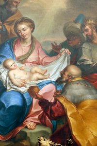 Julekrybbe. Tilbedelse av magiene. Fersk. Santa Maria delle Vigne-basilikaen. Genova. Italia. av Italian School