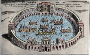 Naumachia, sjøkamp i et amfiteater i Roma. av Italian School