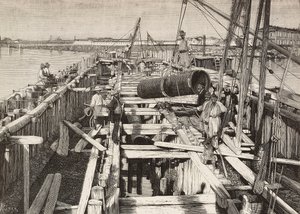 Ny akvedukt i Venezia, legger kanalen i lagunen, Italia, gravering fra tegning av Riera, fra L'Illustration Italiana, nr. 32, 10. august av Italian School