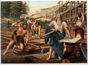 Noe og hans familie bygger arken (Noe ser på byggeplanen) i "" Golden Classic Bible: History of Divine Revelation in the Ancient and New Tesiamento "" "av Giovanni Ladislao Sykora (vol 1), oversatt av Don Clemente Benetti (Italia av Italian School