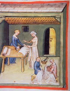Nova 2644 fol.105v The Tailors Shop: Clothes of Linen, fra Tacuinum Sanitatis av Italian School