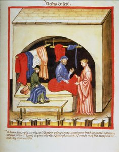 Nova 2644 fol.106r The Tailors Shop : Clothes of Silk, fra Tacuinum Sanitatis av Italian School