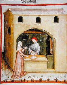 Nova 2644 fol.43r Selger hvetestivelse, fra Tacuinum Sanitatis Codex Vindobonensis (på vellum) av Italian School