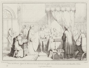 Obizzo da Polenta Signor di Ravenna forlater døende, sønnen Ostasius III anbefalte å ... (gravering) av Italian School