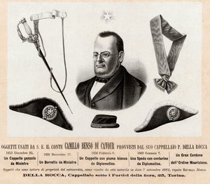 Gjenstander brukt av Camillo Benso conte di Cavour (1810-1861) - hatter og insignier for hans politiske og diplomatiske funksjoner, med den store snoren til Saint Maurice og Saint Lazarus orden (Ordine dei Santi Maurizio e Lazzaro) - Gravering 1800-tallet av Italian School
