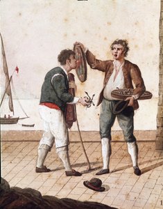 Gamle napolitanske metiers: selgere av små slanger - (gamle napolitanske handler: selger av gressslanger) Akvarell fra 1800-tallet - Napoli Museo Nazionale di San Martino av Italian School