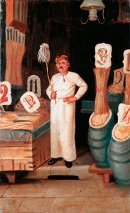 Gammel metier: butikken til pastaselgeren. Anonym detrempe. 1800-tallet 1800-tallets nasjonalmuseum for pasta, Agnesi-stiftelsen, Roma av Italian School