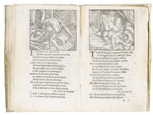 Side fra "Sonetti Lussuriosi" av Pietro Aretino, illustrert av Giulio Romano og gravert av Marcantonio Raimondi, utgitt Venezia, ca. 1527 av Italian School