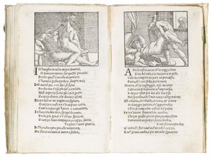 Side fra "Sonetti Lussuriosi" av Pietro Aretino, illustrert av Giulio Romano og gravert av Marcantonio Raimondi, utgitt Venezia, ca. 1527 av Italian School