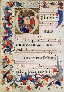 Side med musikalsk notasjon med en historisk initial G som viser en gruppe helgener med St. Ursula i midten, Bolognese School av Italian School