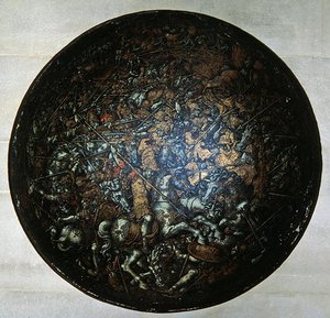 Pageant Shield med scener fra romersk historie (malt tre) av Italian School