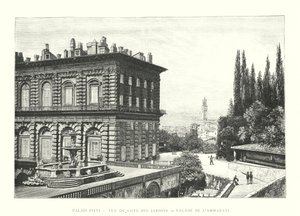 Pitti-palasset, utsikt fra siden av hagen, fasaden til Ammanati (gravering) av Italian School