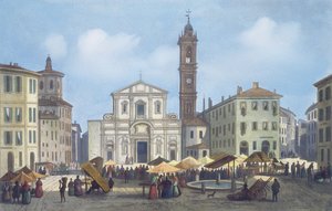 Piazza Santo Stefano fra utsikt over Milano og omegn av Italian School