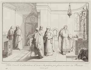 Pietro Orseolo I forlater tronen og hjemlandet for å bli munk i Frankrike, 978 (gravering) av Italian School