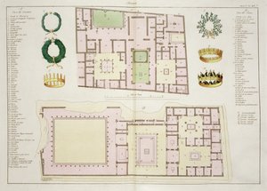 Planer for House of the Questor og House of the Faun, Pompeii, plate 25A, klasse 5 fra del I av The History of the Nations (akvatint) av Italian School