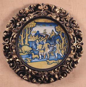 Tallerken dekorert med en jaktscene, Deruta Workshop, ca. 1540-45 (maiolica) av Italian School