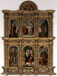 Polyptyk som viser Madonnaen og barnet med helgener (olje på panel) av Italian School