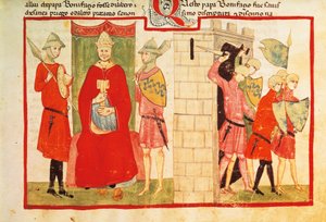 Pave Boniface VIII i Anagni og utvisningen av Sciarra Colonna (Giacomo Colonna) fra byen, miniatyr fra Giovanni Villanis krønike, manuskript Chigi L VIII 296 folio 176 recto, Italia 1300-tallet. av Italian School