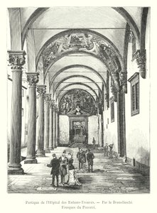 Portico of the Foundling Hospital, av Brunelleschi, fresker av Poccetti (gravering) av Italian School