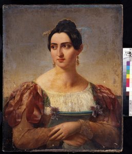 ""Portrett av en kvinne"" (Kvinneportrett) Ung kvinne fra den italienske adelen, kledd i en kjole med bånd på skuldrene. Maleri av den italienske skolen fra begynnelsen av 1800-tallet. Pushkin-museet, Moskva av Italian School