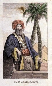 Portrett av Giovanni Battista (Gianbattista) Belzoni (1778-1823), italiensk oppdagelsesreisende og arkeolog, som gjorde viktige arkeologiske funn i Egypt. Gravering - i "" Reisen til Egypt og Nubia "" av Belzoni, Milano av Italian School