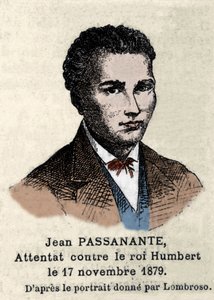 Portrett av Giovanni Passannante (1849-1910) som utførte angrepet på den italienske kongen Umberto I (Humbert I) i Napoli i 1878 etter portrettet tegnet av Cesare Lombroso (1835-1909). Denne begivenheten inspirerte poeten Giovanni Pascoli (1855-1912) i en av Italian School