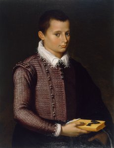 Portrett av en gutt som holder en bok (olje på lindepanel)