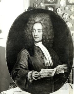 Portrett av komponisten Tomaso Giovanni Albinoni (1671-1751) holder et partitur av Italian School