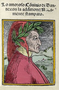 Portrett av den italienske poeten Dante Alighieri (1265-1321). Gravering. Frontispice til "" Il convivio "" fra 1554 av Italian School