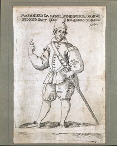 Portrett av den napolitanske fiskeren og revolusjonære Masaniello (1623-1647) (Portrett av Masaniello, napolitansk fisker og leder av opprøret mot Habsburg-styret i Napoli i 1647) Gravering av Museo Nazionale di San Martino Napoli fra 1600-tallet av Italian School