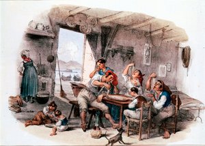 Sannsynligvis napolitansk familie som spiser makaroni med hendene Anonym gravering fra 1800-tallet. Roma nasjonalmuseum for pasta, Agnesi Foundation av Italian School