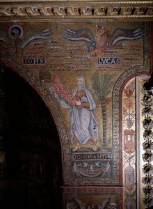 Profeten Jeremia og symboler for evangelistene Johannes og Lukas anonyme mosaikk fra 1100-tallets Roma, kirken Santa Maria i Trastevere Italia av Italian School