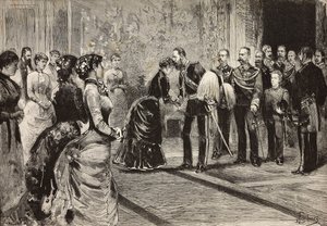 Dronning Margherita og Umberto I mottar kronprins av Tyskland (fremtidig Frederick III) ved Quirinale, Roma, Italia, gravering fra tegning av Dante Paolocci, fra L'Illustration Italiana, nr. 1, 6. januar av Italian School
