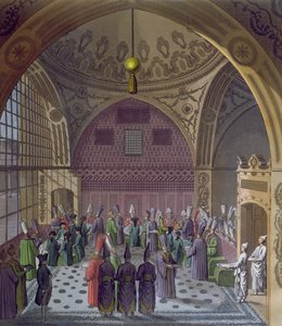 Mottakelse av de vestlige ambassadørene av sultanens storvesir i Konstantinopel, ca. 1820 (fargegravering) av Italian School