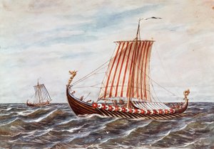 Rekonstruksjon av vikingbåter fra 1000-tallet (lito i farge) av Italian School