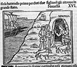 Reet de Beritola. Illustrasjon for nyheter 16 (ny 6 av den andre dagen) av “Decameron” ”av Giovanni Boccaccio dit Jean Boccaccio (1313-1375), italiensk forfatter. Gravering i "" Decamerone ouer Cento nouelle "" Venezia, Bartolomeo de 