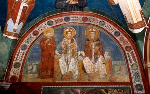 Representasjon av Saint Stephen, kristen martyr, Saint Thomas Becket (1118-1170), erkebiskop av Canterbury og Saint Nicholas av Myra eller Bari (270-345) Anonym fresco (1200-tallet) Nedre kirke. Klosteret Saint Benedetto (Sacro Speco), Subiaco (Rom av Italian School