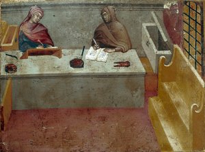 Representasjon av en kameralingvist, assistent for en kopist Anonymt maleri på tre av en Biccherna (omslaget til regnskapsregisteret til byen Siena) 1388. Siena Archivio di Stato, Italia av Italian School